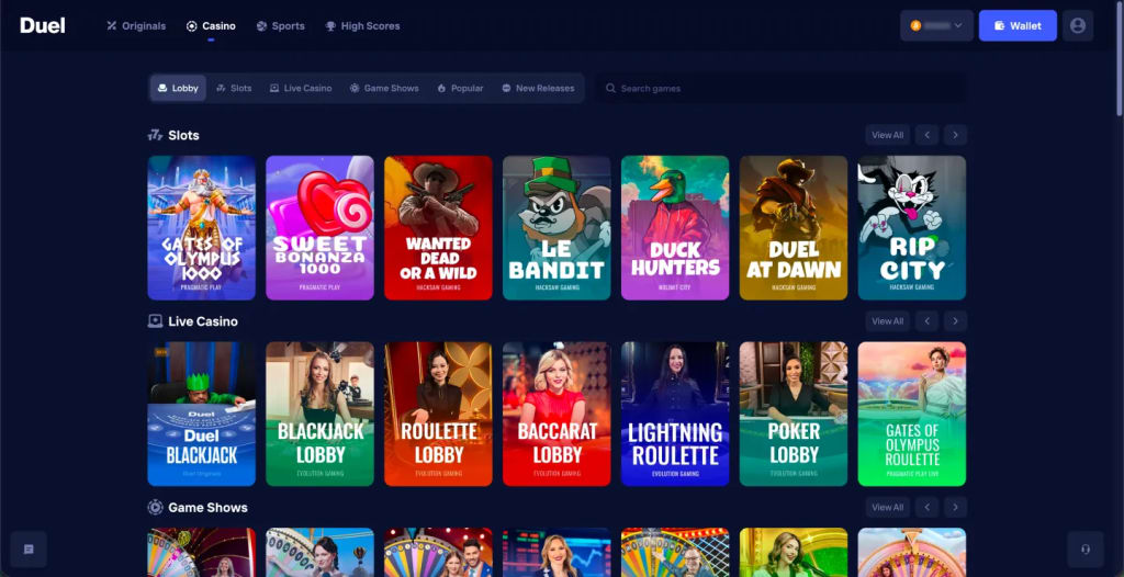 Duel casino lobby on mobile: colourful game tiles and live casino rows